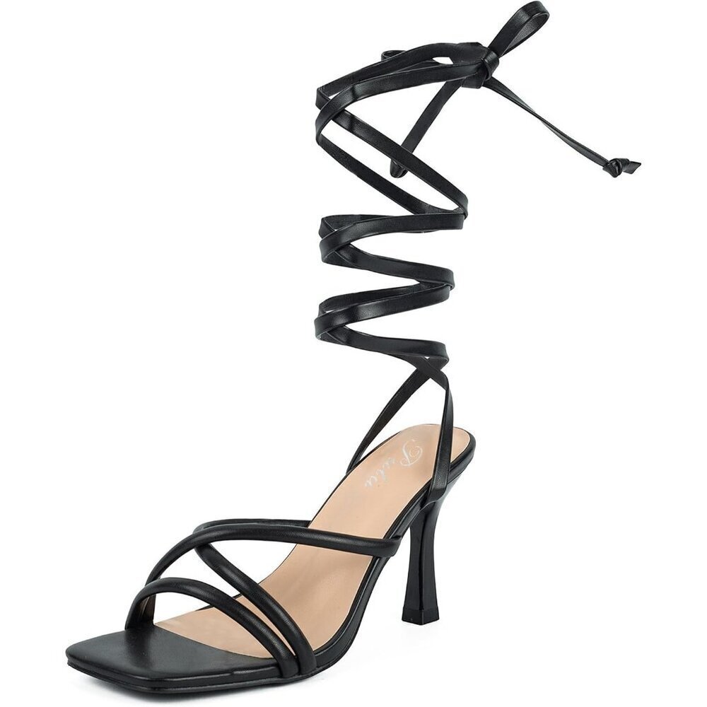 Women Black Faux Leather Square Open Toe Tie up Stiletto Heels Sandals